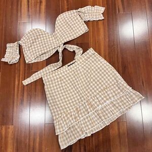Boohoo Beige Gingham Plaid Two Piece Set Crop Top Tie Skirt Ruffle Cottage Sz 6